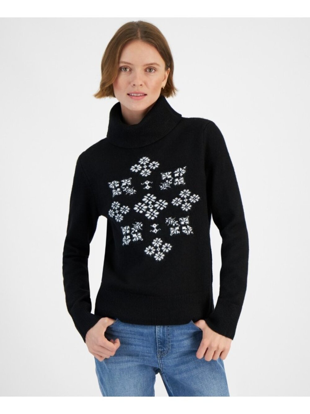 Tommy Hilfiger Women Snowflake Graphic Turtleneck Sweater Black Size XL $90